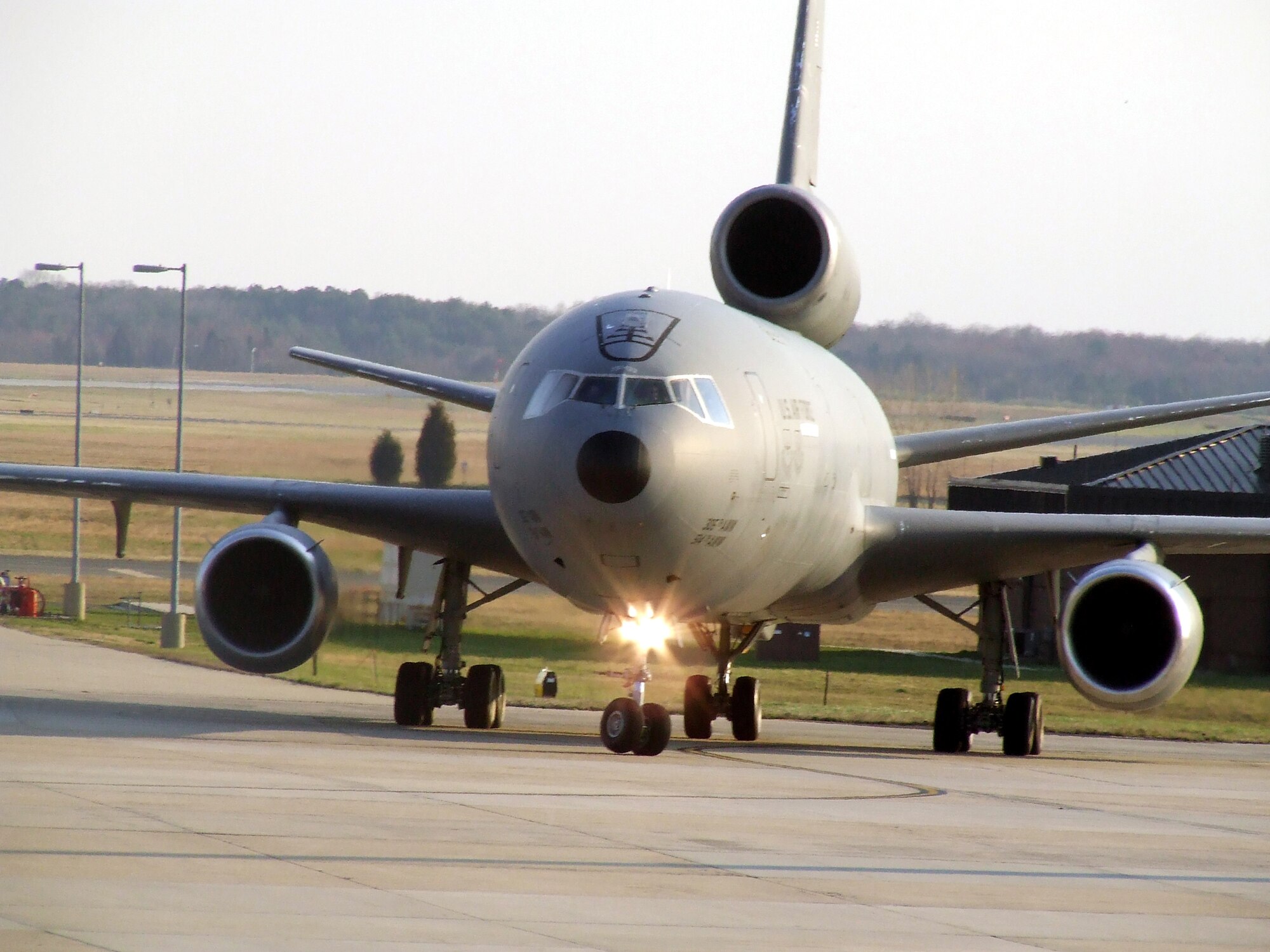 A KC-10 Extender taxis on the flightline at McGuire Air Force Base, N.J., on April 9, 2009.  The KC-10 Extender, an air refueling plane, is one of types of aircraft at McGuire that helps the Air Force and Air Mobility Command meet the service's global mission to "fly, fight and win...in air, space and cyberspace." (U.S. Air Force Photo/Tech. Sgt. Scott T. Sturkol)