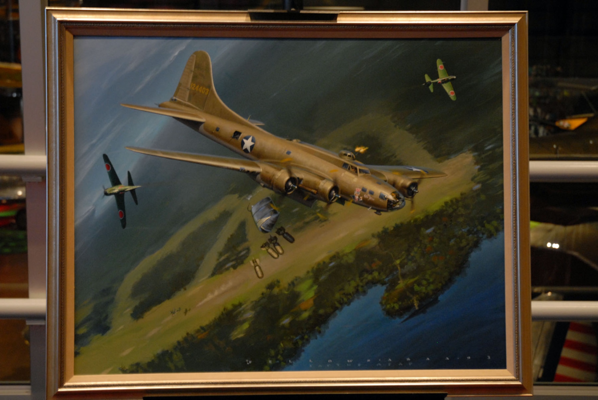 DAYTON, Ohio - A close up of "The Old Man's Ordeal" by Jack Fellows. Jeanne Greenlee donated this photo to the National Museum of the U.S. AIr Force after the artist indicated it was her father's wish it go to a museum. Greenlee's father was the bombardier in the B-17 pictured and assisted the artist in details of the scene. (U.S. Air Force photo)
