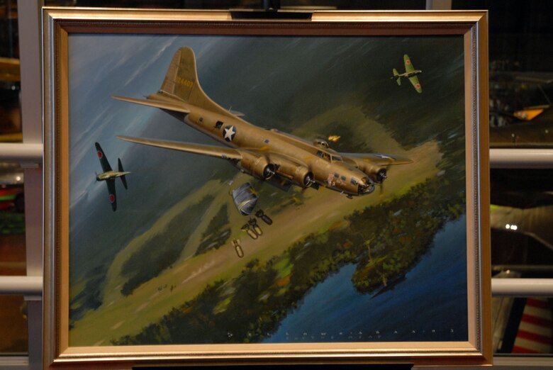 DAYTON, Ohio - A close up of "The Old Man's Ordeal" by Jack Fellows. Jeanne Greenlee donated this photo to the National Museum of the U.S. AIr Force after the artist indicated it was her father's wish it go to a museum. Greenlee's father was the bombardier in the B-17 pictured and assisted the artist in details of the scene. (U.S. Air Force photo)