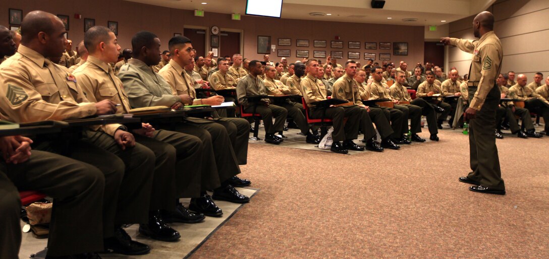 An instructor at the base Staff Non-commissioned Officer's Academy calls on a student during the I Marine Expeditionary Force staff sergeant orientation course. Nearly 200 staff sergeants-select and recently promoted staff sergeants throughout I MEF attended. The classes, held over two days, offered insight on what's expected as a Staff NCO. Marines learned everything from the fitness report process to leadership techniques. I MEF worked with the academy to develop the curriculum. I MEF senior enlisted leadership say they hope this becomes a yearly event.