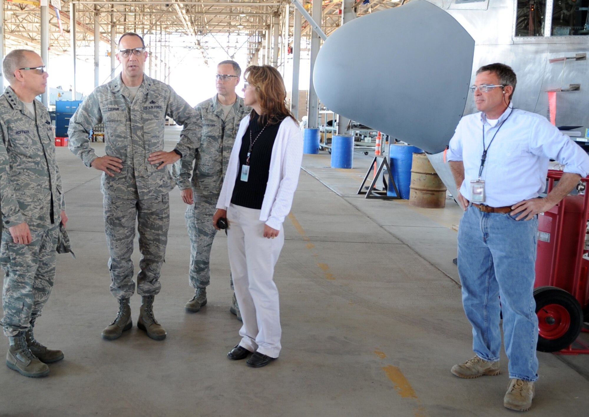 DAVIS-MONTHAN AFB, Ariz. (AFMCNS) -- Gen. Donald Hoffman, commander of Air Force Materiel Command, gets a first-hand look at sustainment operations for the C-130 and A-10 during a visit to the 309th Aerospace Maintenance and Regeneration Group here April 13. Realigned in 2007 under the 309th Maintenance Wing, located at Hill Air Force Base, Utah, AMARG is one of a dozen AFMC major units or bases General Hoffman has toured during what he terms "immersion visits" since he assumed command in November 2008. At every opportunity, he emphasizes AFMC's five priorities, which are to reinvigorate AFMC's role in the nuclear enterprise; implement effective and efficient integrated life-cycle management to support the warfighter; support the Air Force by recruiting, training, and retaining a high-performing workforce; nurture and protect the command's people and families, and be good stewards of government resources. AFMC headquarters is at Wright-Patterson AFB, Ohio. (U.S. Air Force photo/Master Sgt. Heather A. Cabral)