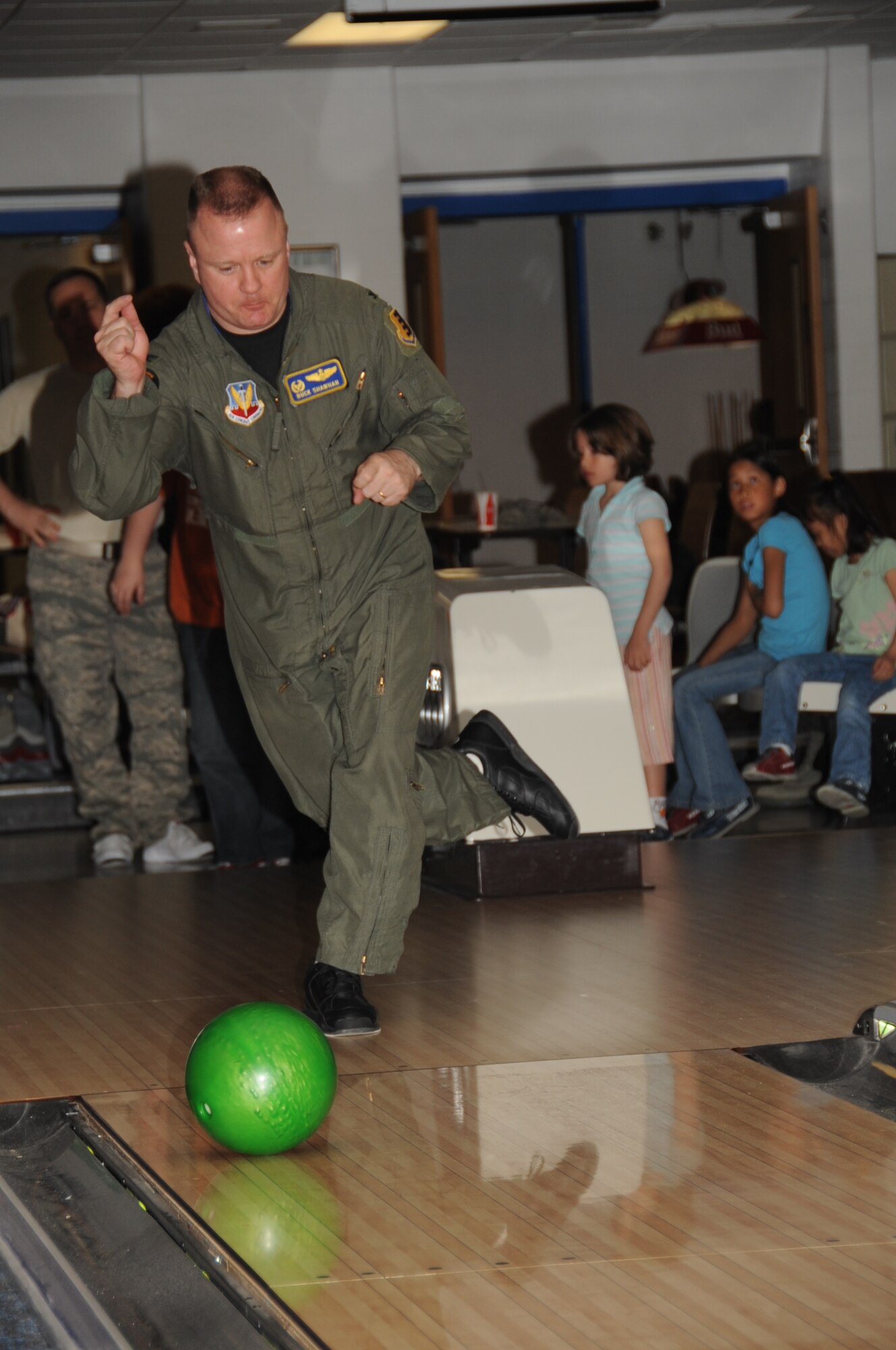 Col. Buck Shawhan, 28th Operations Group commander, bowls at the Bandit Lanes bowling alley here, April 14.  Ellsworth's Sexual Assault Prevention and Response office hosted this bowling event to bring awareness to the Child Abuse Prevention and Sexual Assault Awareness Month campaigns to Ellsworth personnel. (U.S. Air Force photo/Senior Airman Anthony Sanchelli)