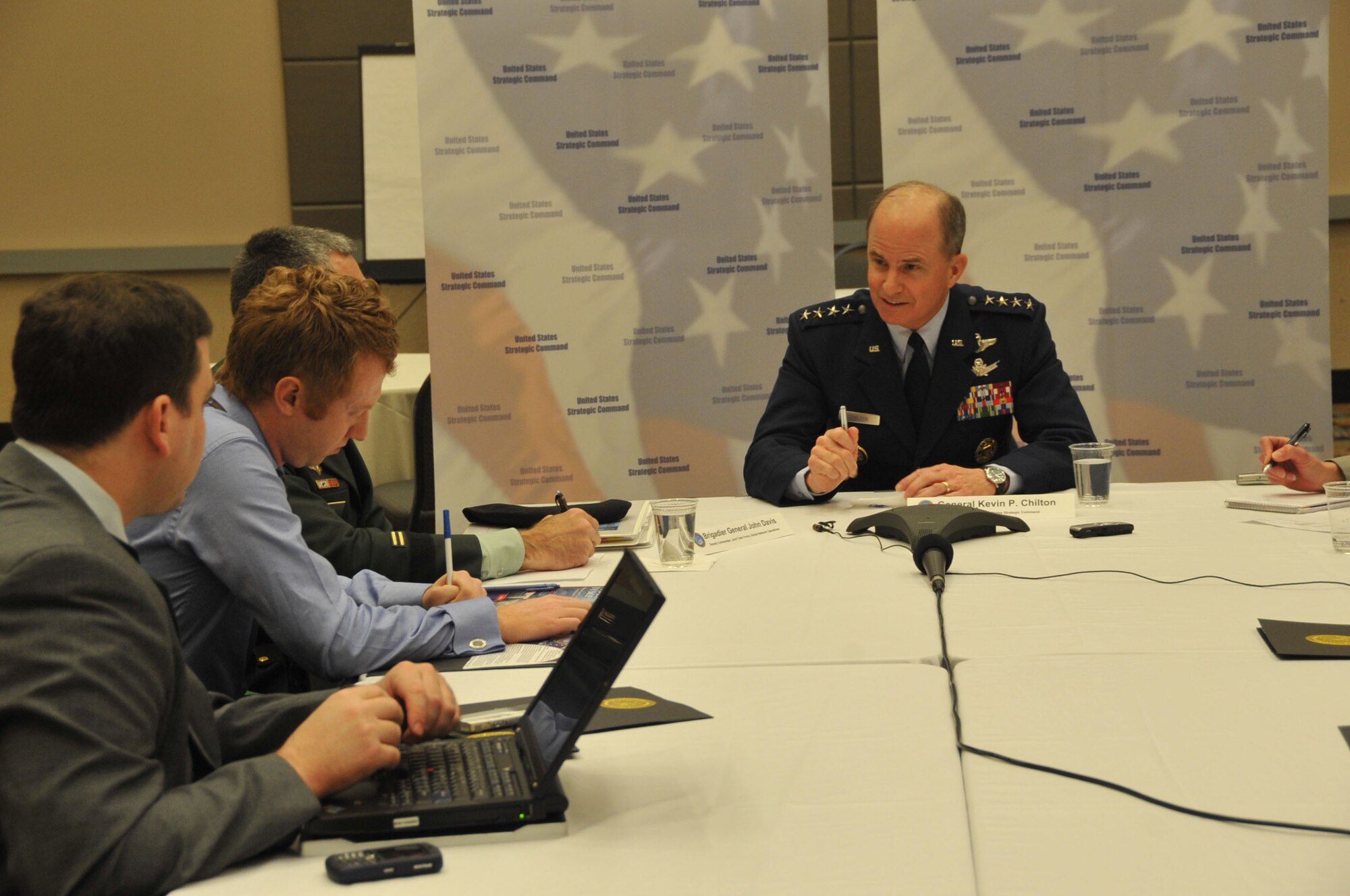 U.S. Strategic Command Commander Gen. Kevin P. Chilton holds a press conference with local and national media at the 2009 Cyberspace Symposium at the Qwest Center in Omaha, Neb. April 7-8. The theme for the symposium was "Advancing Cyberspace Capabilities to Deliver Integrated Effects."  Symposium sessions included perspectives from senior Department of Defense, U.S. and Allied government, industry, and academia speakers. U.S. Air Force photo by Stephen J. Cunningham.