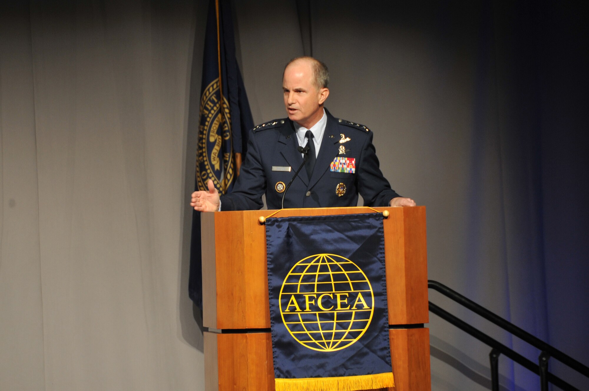 U.S. Strategic Command Commander Gen. Kevin P. Chilton, speaks at the 2009 Cyberspace Symposium at the Qwest Center in Omaha, Neb. April 7-8. The theme for the symposium was "Advancing Cyberspace Capabilities to Deliver Integrated Effects."  Symposium sessions included perspectives from senior Department of Defense, U.S. and Allied government, industry, and academia speakers. U.S. Air Force photo by Stephen J. Cunningham.