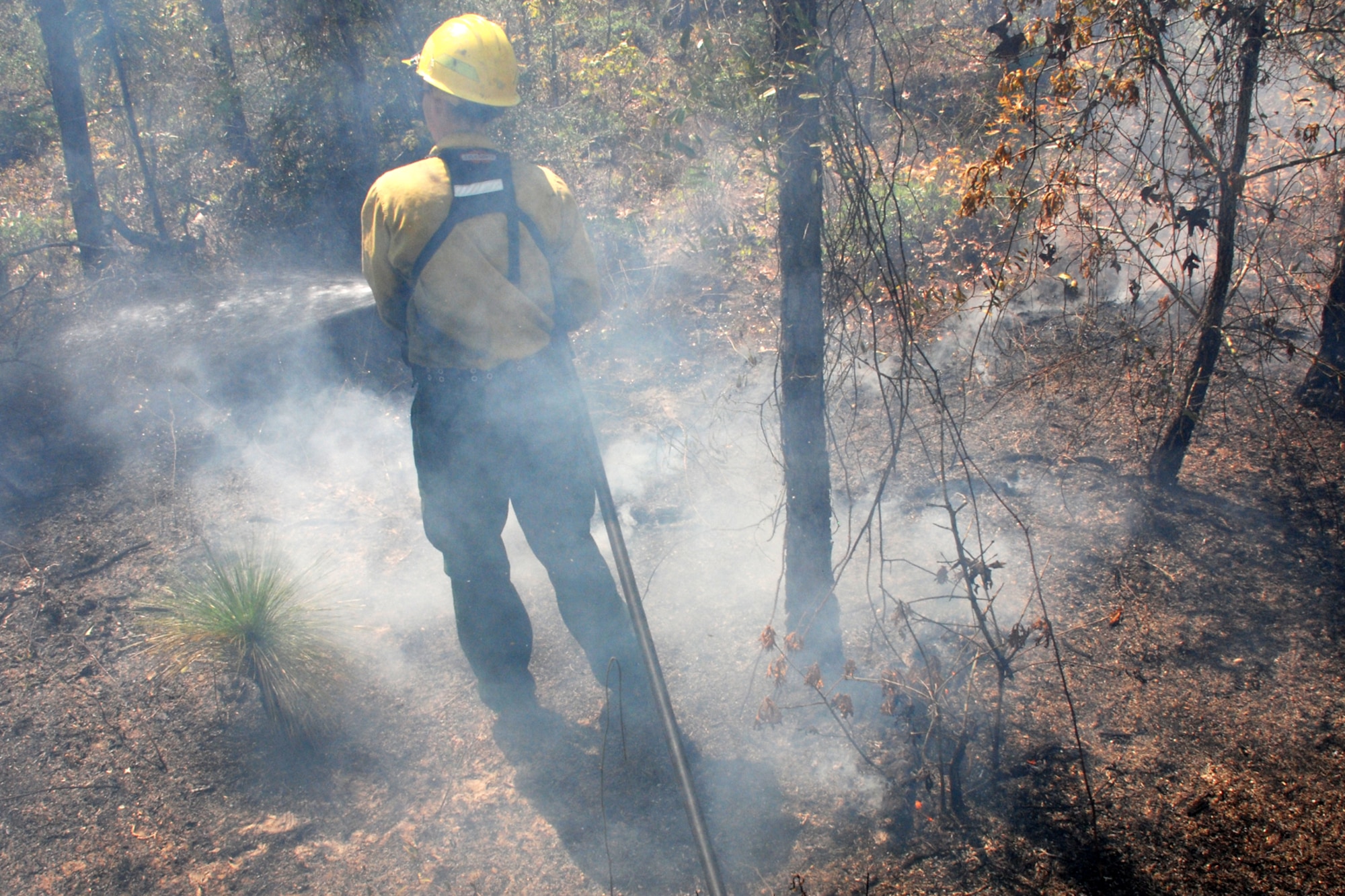 EGLIN AIR FORCE BASE, Fla. -- Amy Galetka, Eglin Natural Resources prescribed fire program technician, works to prematurely extinguish a fire line during prescribed burn operations April 8. The fire management technicians at Jackson Guard use prescribed fire techniques to keep a delicate longleaf pine ecosystem thriving while keeping the military mission a priority year round. Eglin is the largest Air Force base in the U.S. with more than 464,000 acres of land, and is home to more than 77 state and federally listed rare species. With more than 100,000 acres burned last season, the goal is to burn a five-year average of 70,000 acres per year. So far this season, the fire management program has burned more than 76,000 acres. The April 8 fire was called off early because of rapidly changing weather conditions and wildlife habitat endangerment. (U.S. Air Force photo/Mike Meares)
