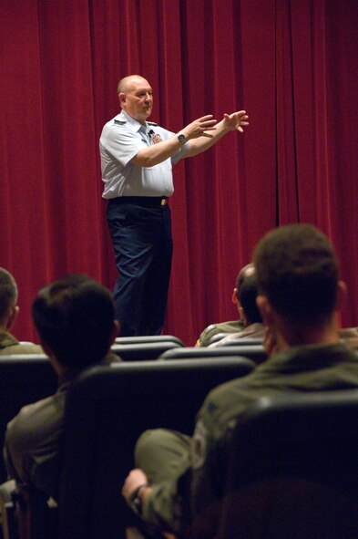 Adm. Thad Allen, U.S. Coast Guard commandant, addresses Air War College students April 9 about Homeland Security. The admiral's speech, which also touched on some of the ways the Coast Guard and Air Force work together, was part of the Distinguished Lecture Series that Air War College provides its students in order to educate them on leadership. Under the program, leaders from across a wide range of disciplines, including diplomats and scholars, speak on a regular basis to Air War College students. (U.S. Air Force photo/Melanie Rodgers Cox) 

