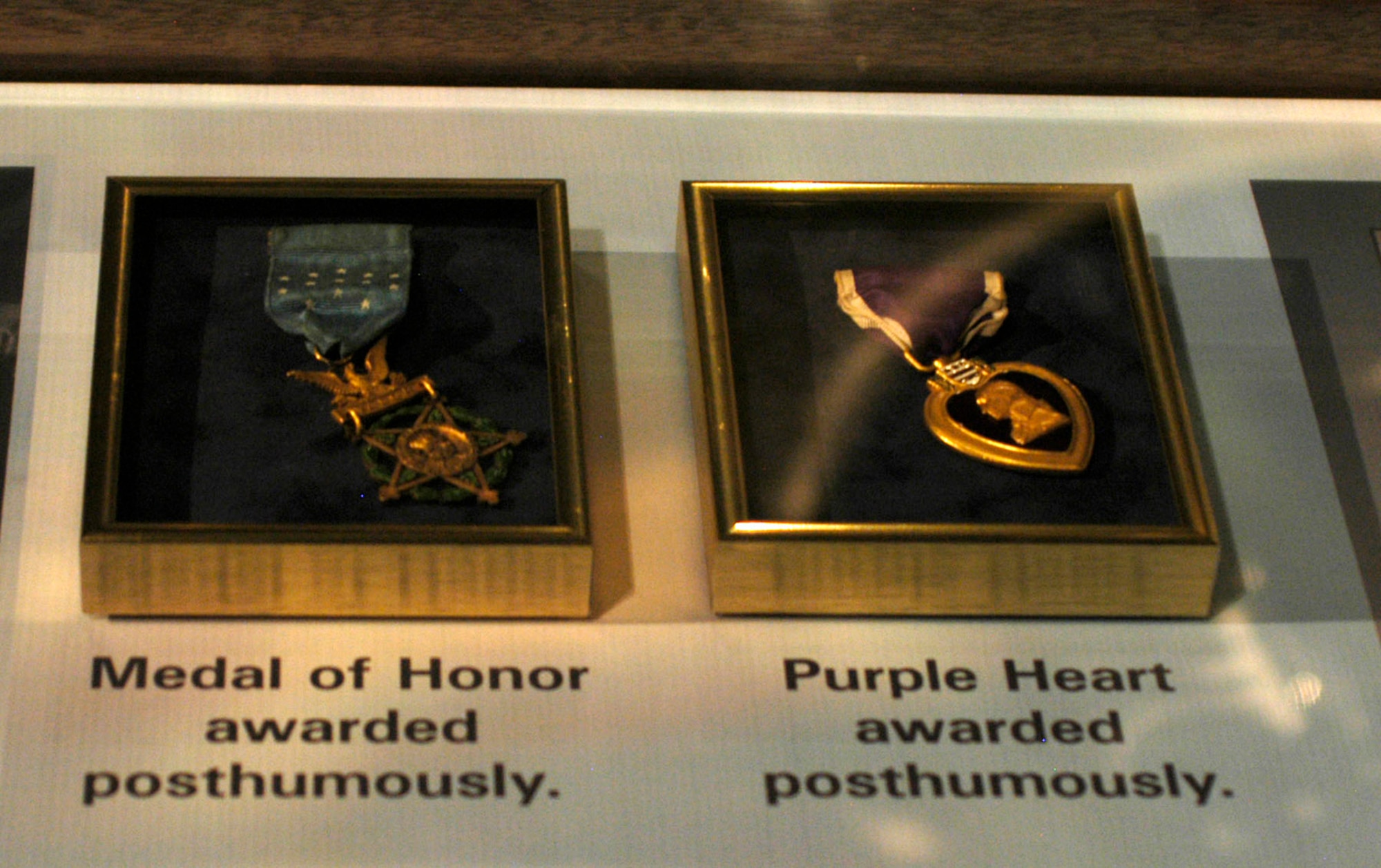 DAYTON, Ohio - 1st Lt. Jack W. Mathis' Medal of Honor and Purple Heart on display in the World War II Gallery at the National Museum of the U.S. Air Force. (U.S. Air Force photo)