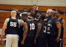 437th Security Forces team members prepare for the start of their intramural basketball game against the 437th Operations Support Squadron at the Fitness and Sports Center April 14. SFS beat OSS 39 - 34. (U.S. Air Force photo/Senior Airman Timothy Taylor)
