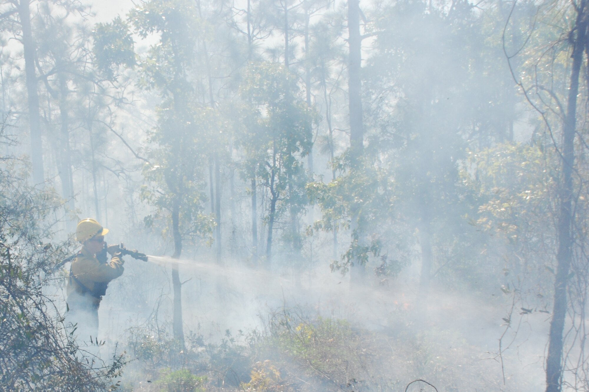EGLIN AIR FORCE BASE, Fla. -- Amy Galetka, Eglin Natural Resources prescribed fire program technician, works to prematurely extinguish a fire line during prescribed burn operations April 8. The fire management technicians at Jackson Guard use prescribed fire techniques to keep a delicate longleaf pine ecosystem thriving while keeping the military mission a priority year round. Eglin is the largest Air Force base in the U.S. with more than 464,000 acres of land, and is home to more than 77 state and federally listed rare species. With more than 100,000 acres burned last season, the goal is to burn a five-year average of 70,000 acres per year. So far this season, the fire management program has burned more than 76,000 acres. The April 8 fire was called off early because of rapidly changing weather conditions and wildlife habitat endangerment. (U.S. Air Force photo/Mike Meares)