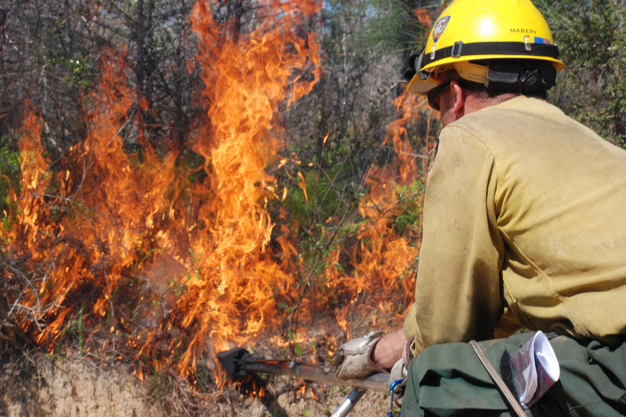 EGLIN AIR FORCE BASE, Fla. -- Brooks Mabery, Vandenberg Air Force Base, Calif., Hot Shots crew member, uses a uniquely designed "megatorch" to start a prescribed fire alongside Eglin Natural Resources prescribed fire technicians April 8.The Hot Shots come to Eglin annually to train alongside the fire management technicians at Jackson Guard. The fire management technicians at Jackson Guard's Natural Resources branch uses prescribed fire techniques to keep a delicate longleaf pine ecosystem thriving while keeping the military mission a priority year round. (U.S. Air Force photo/Mike Meares)