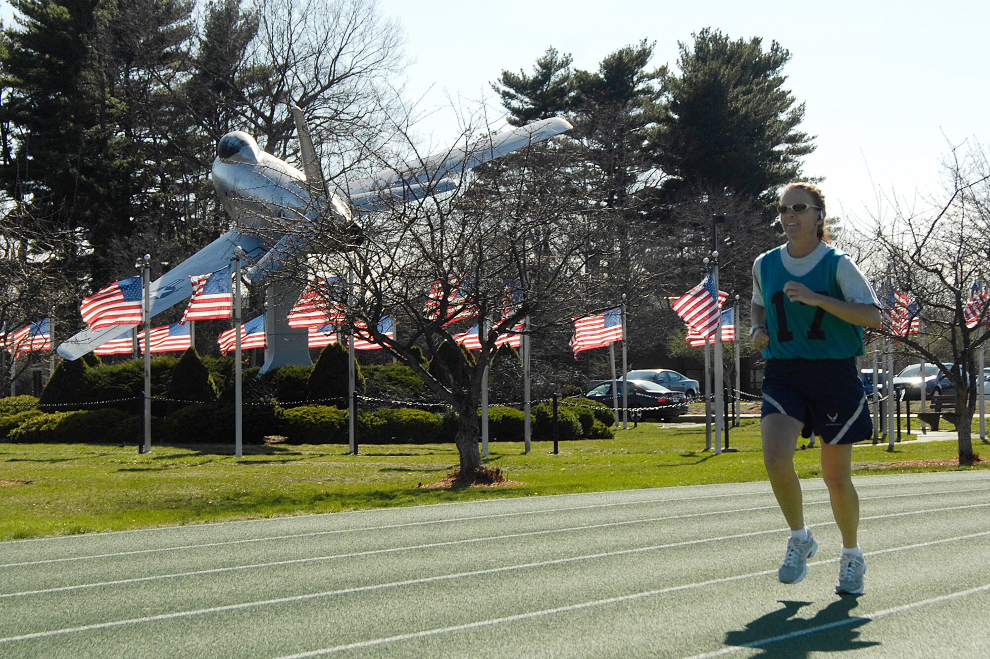 HANSCOM AIR FORCE BASE, Mass. –Maj. Eileen LaBrecque takes part in the 66th Air Base Wing’s, Air Force PT Test Fitness Challenge on April 13. Major LaBrecque and Airmen from across the base took part in the PT Challenge that included a timed one and half mile run and one minute each of crunches and pushups. (U.S. Air Force photo by Linda LaBonte Britt)
