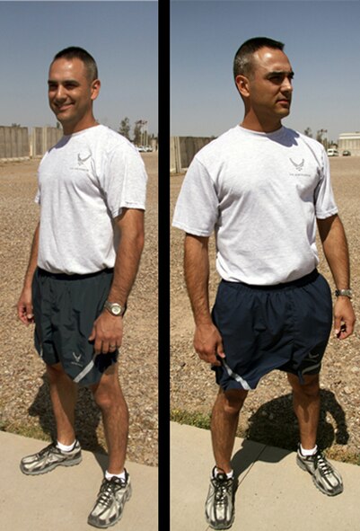Senior Airman James Debiase models the current physical training uniform (left) and the modified PT uniform (right) April 13 at Joint Base Balad, Iraq. Airman Debiase was selected to field-test the PT uniform while deployed here from Dyess Air Force Base, Texas, and to provide feedback to leadership at the end of April. Airman Debiase is a 332nd Expeditionary Civil Engineer Squadron emergency manager, and his hometown is Glastonbury, Conn. (U.S. Air Force photo illustration) 