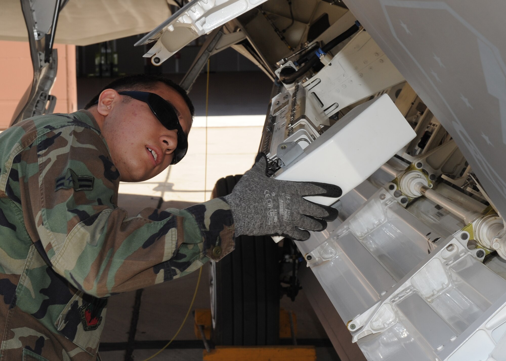 Airman 1st Class Carlos Blanco, 49th Aircraft Maintenance Squadron, prepares an F-22A Raptor to be loaded with bombs while competing in the Quarterly Load Crew  competition, April 10, at Holloman Air Force Base, N.M.  (U.S. Air Force photo/Senior Airman Michael Means)
