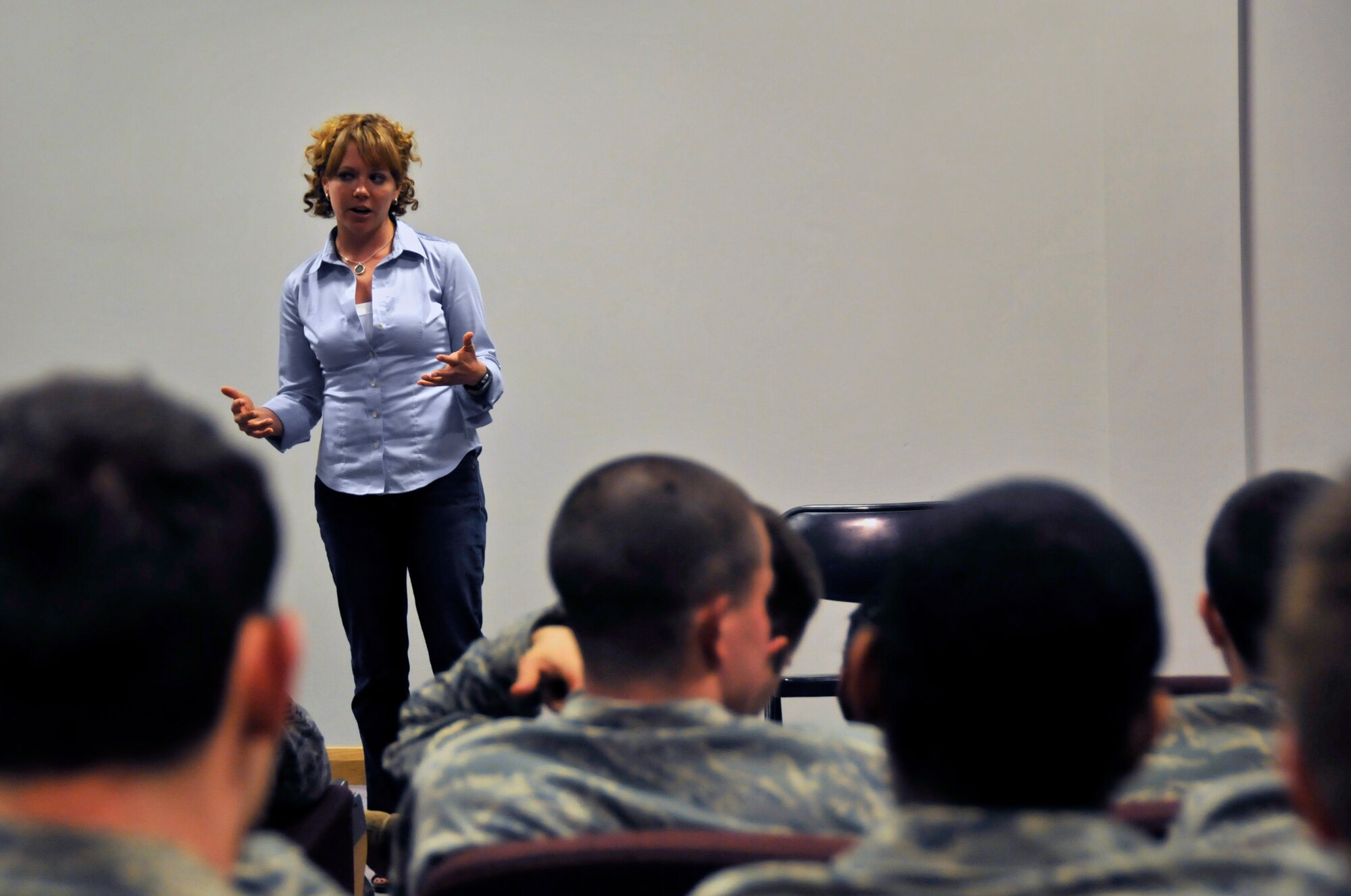 ROYAL AIR FORCE LAKENHEATH, England -- Courtney Abbot, actor from the improve comedy skit "Sex Signals", speaks with Airmen from the 48th Fighter Wing April 14, 2009. The actors from Catharsis Productions performed an improv-style play about dating, sex and what could be interpreted as sexual assault. (U.S. Air Force photo by Airman 1st Class Perry Aston) (Released)
