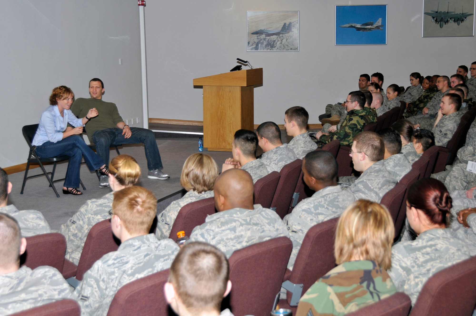 ROYAL AIR FORCE LAKENHEATH, England -- Courtney Abbot and Ben Murrie, actors from the improve comedy skit "Sex Signals", speaks with Airmen from the 48th Fighter Wing April 14, 2009. The actors from Catharsis Productions performed an improv-style play about dating, sex and what could be interpreted as sexual assault. (U.S. Air Force photo by Airman 1st Class Perry Aston) (Released)