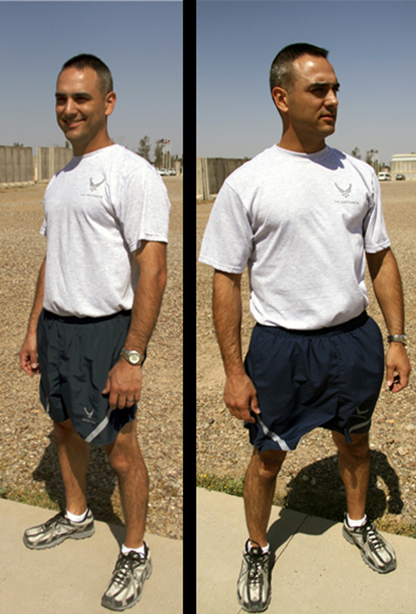JOINT BASE BALAD, Iraq -- Senior Airman James Debiase, 332nd Expeditionary Civil Engineer Squadron emergency manager, displays the current physical training uniform (left) and the modified PT uniform (right) here April 13. Airman Debiase was selected to field-test the modified PT uniform while deployed here from Dyess Air Force Base, Texas, and to provide feedback to leadership at the end of April. Sergeant Debiase's hometown is Glastonbury, Conn. (U.S. Air Force photo illustration/Tech. Sgt. Lionel Castellano)