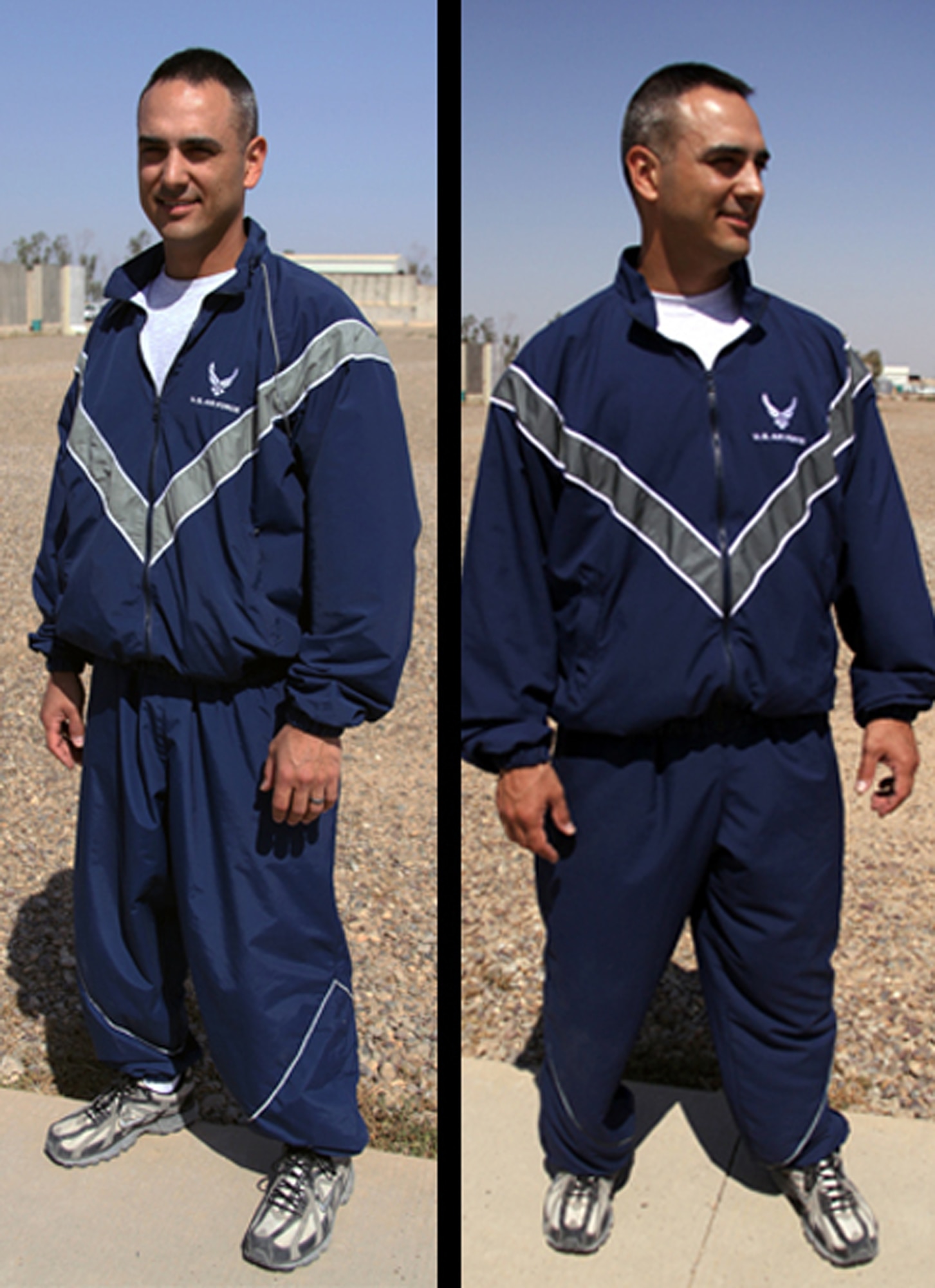 JOINT BASE BALAD, Iraq -- Senior Airman James Debiase, 332nd Expeditionary Civil Engineer Squadron emergency manager, models the current physical training uniform (left) and the modified PT uniform (right) here April 13. Airman Debiase was selected to field-test the modified PT uniform while deployed here from Dyess Air Force Base, Texas, and to provide feedback to leadership at the end of April. Sergeant Debiase's hometown is Glastonbury, Conn. (U.S. Air Force photo illustration/Tech. Sgt. Lionel Castellano)   
