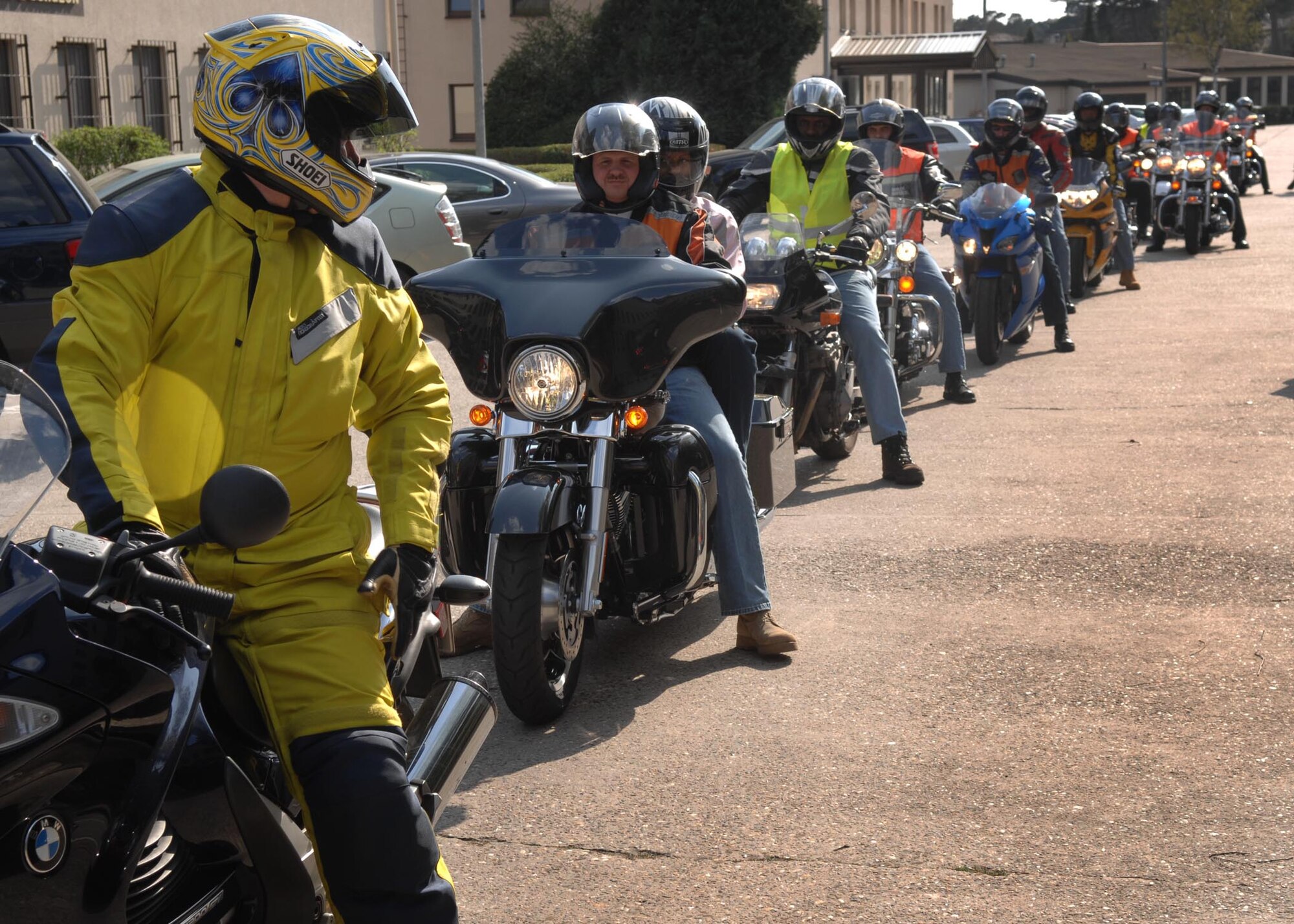 Col. Johnathan Hughes (l), 3rd Air Force chief of staff, reviews 3rd Air Force motorcyclists prior to a group ride April 10, 2009, at Ramstein Air Base, Germany. Lt. Gen. Phil Breedlove, 3rd Air Force commander and an avid motorcyclist, conducted safety checks of the riders before joining them on the trip. (U.S. Air Force photo/SMSgt. Hollis G. Dawson)