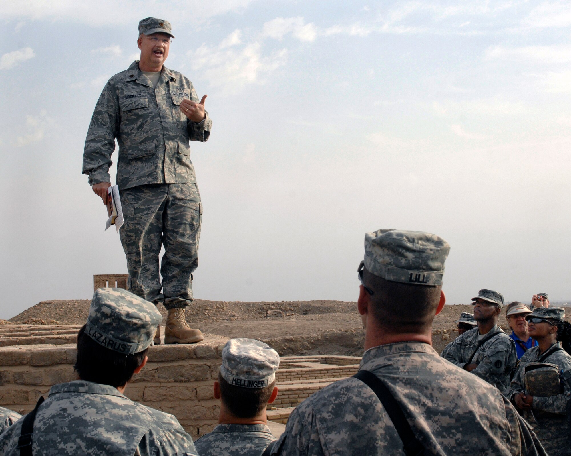 ALI BASE, Iraq – Chaplain (Maj.) Kevin Lockett, 407th Air Expeditionary Group Protestant chaplain, delivers his Easter Sunrise Service sermon April 12 from atop the walls of Abraham’s home. The biblical story of Abraham—revered by the Jewish, Christian and Islamic faiths—is found in the Book of Genesis. Chaplain Lockett is deployed from the 319th Air Refueling Wing, Grand Forks Air Force Base, N.D. His hometown is Rockford, Ill. (U.S. Air Force photo/Master Sgt. Russell P. Petcoff)