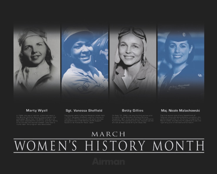 Women's History Poster.  This poster was created by Virginia Reyes of the Defense Media Activity-San Antonio.  Air Force Link does not provide printed posters but a PDF file of this poster is available for local printing up to 20x16 inches. Requests can be made to afgraphics@dma.mil. Please specify the title and number.