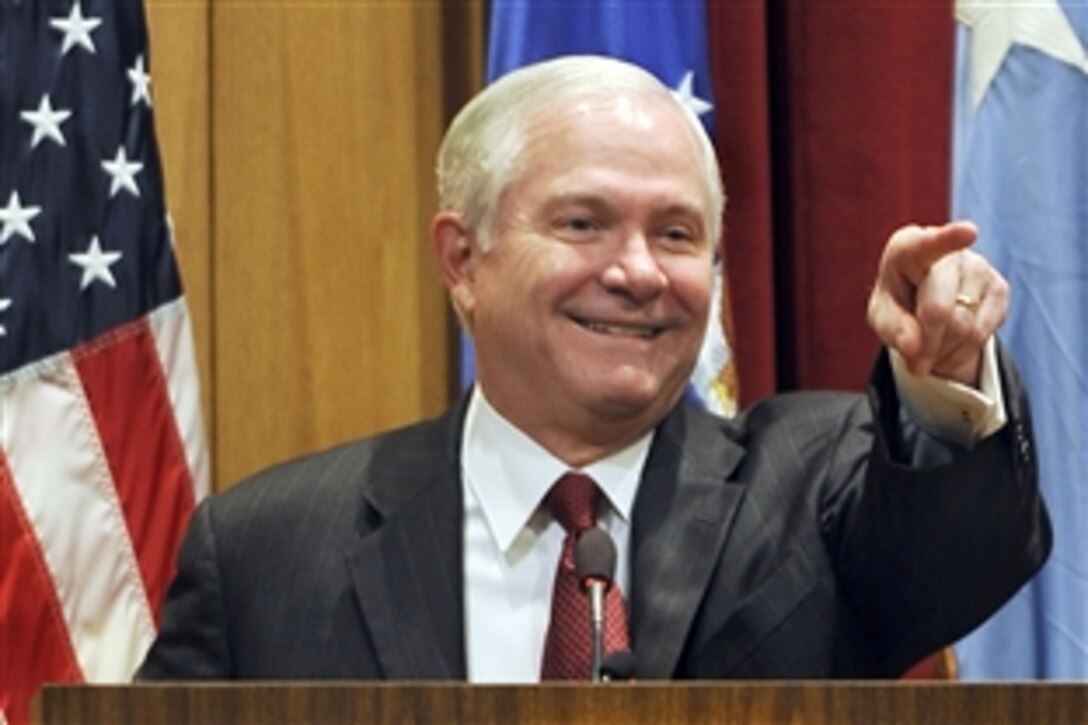 Defense Secretary Robert M. Gates calls on a student during a question and answer session at the U.S. Air Force Air War College on Maxwell Air Force Base, Ala., April 15, 2009.  