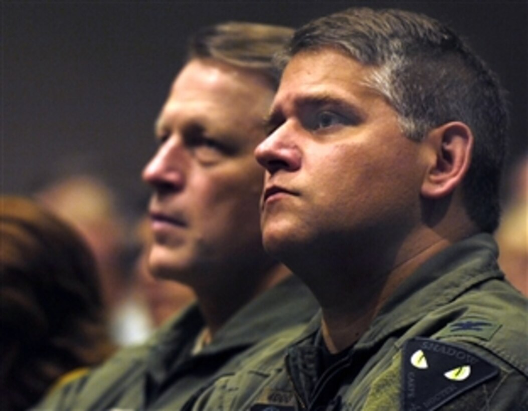 Students of the U.S. Air Force Air War College on Maxwell Air Force Base, Ala., listen to Defense Secretary Robert M. Gates as he gives his remarks while visiting there, April 14, 2009. 