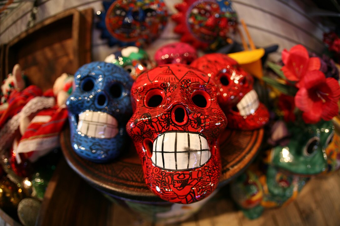 Handmade “Day Of The Dead” skulls sit on display in a local craft shop in Old Town. These shops carry large selections of handmade items from Mexico and Southwest America.