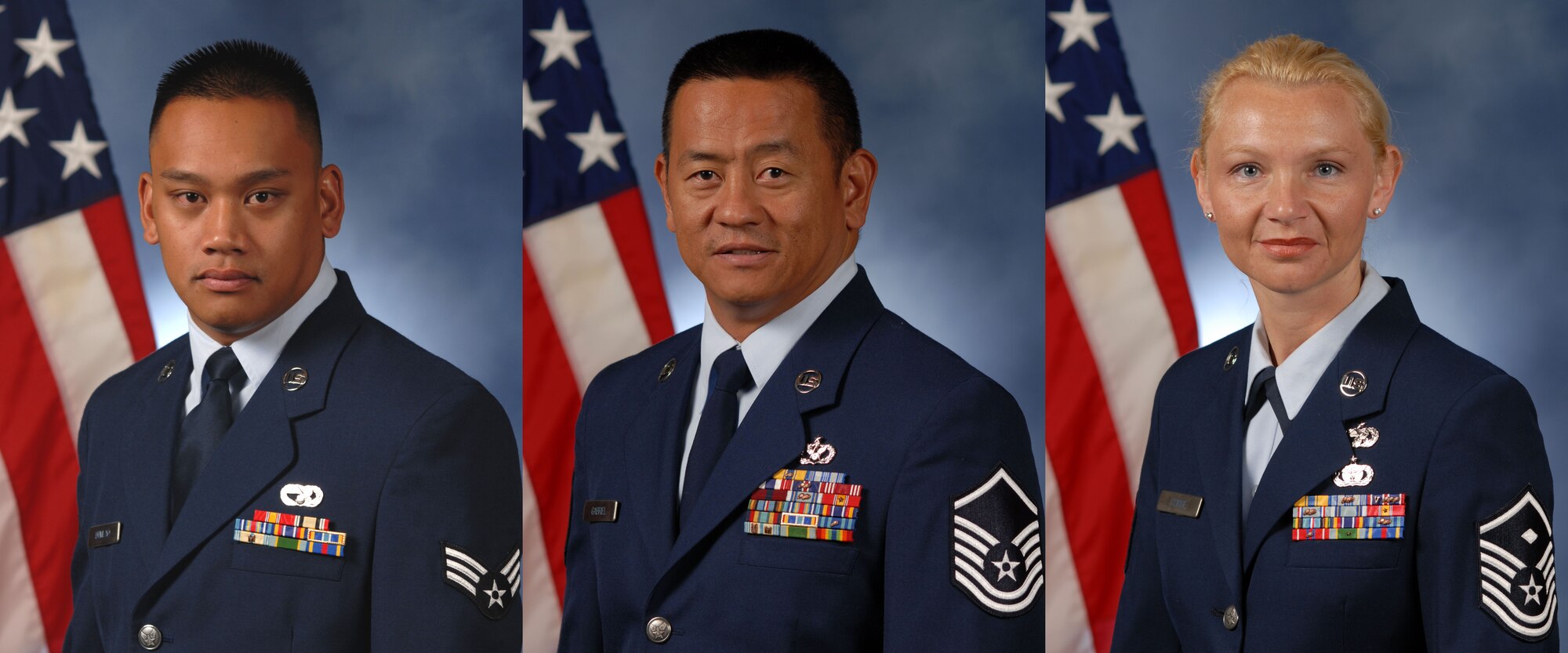 Senior Airman Derek P. Dumlao, Master Sgt. John F. Gabriel and Master Sgt. Tara J. Corse, 624th Regional Support Group members, took top honors this year in Pacific Air Force’s Outstanding Airman, Senior NCO and First Sergeant of the Year recognitions in the Reserve component category. The awardees who competed with other Reservists in the PACAF region will join their counterparts in the active duty and Air Guard for a week of various celebrations culminating in a banquet held in their honor. “Including Reserve and National Guard components in their yearly recognitions clearly demonstrates that PACAF embraces Total Force Integration,” said Chief Master Sgt. Brian Wong, 624th RSG command chief.  (Courtesy photo)
