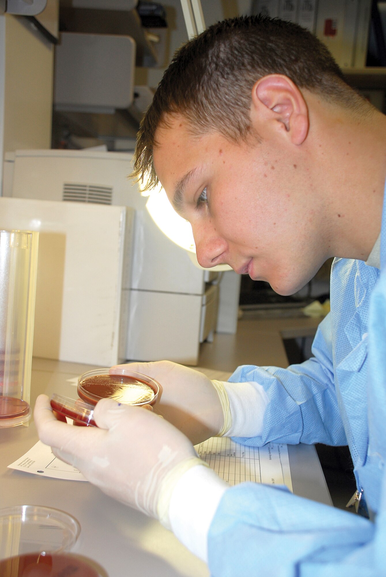 Airman 1st Class Ryan McLeod, 56th Medical Support Squadron student, examines a group B beta strep throat culture during his training in the microbiology section of the 56th MDSS laboratory. (U.S. Air Force photo/ Airman 1st Class Traci Forte.)