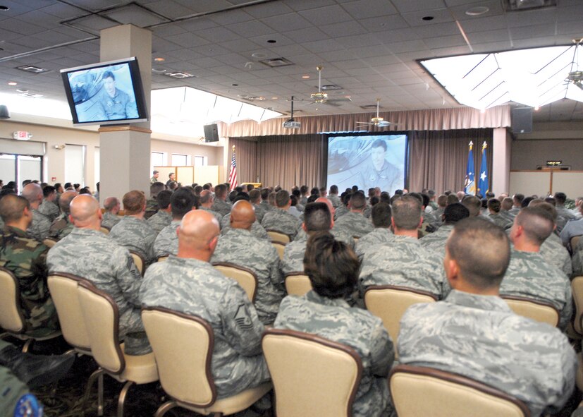 Retired Col. Billy Diehl spoke to Luke Airmen at a Warrior Call held at Club Thunderbolt April 14. Mr. Diehl spoke about his past Air Force experiences during his days as a pilot during Vietnam and Desert Storm. (U.S. Air Force photo/ Airman 1st Class Ronifel Yasay.)