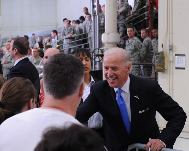 WHITEMAN AIR FORCE BASE, Mo. - Vice President Joe Biden shakes hands with members of Team Whiteman April 16 during a visit showing administration support for the troops. Vice President Biden later traveled to Jefferson City and the University of Missouri-St. Louis to highlight progress of the Recovery Act.  (U.S. Air Force photo/ Senior Airman Cory Todd)