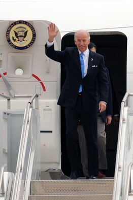 WHITEMAN AIR FORCE BASE, Mo. - Vice President Joe Biden arrives at Whiteman April 16. Mr. Biden visited Whiteman to show administration support for the troops. Mr. Biden later visited Jefferson City and the University of Missouri-St. Louis to highlight progress of the Recovery Act. (U.S. Air Force photo/ Senior Airman Jason Huddleston)