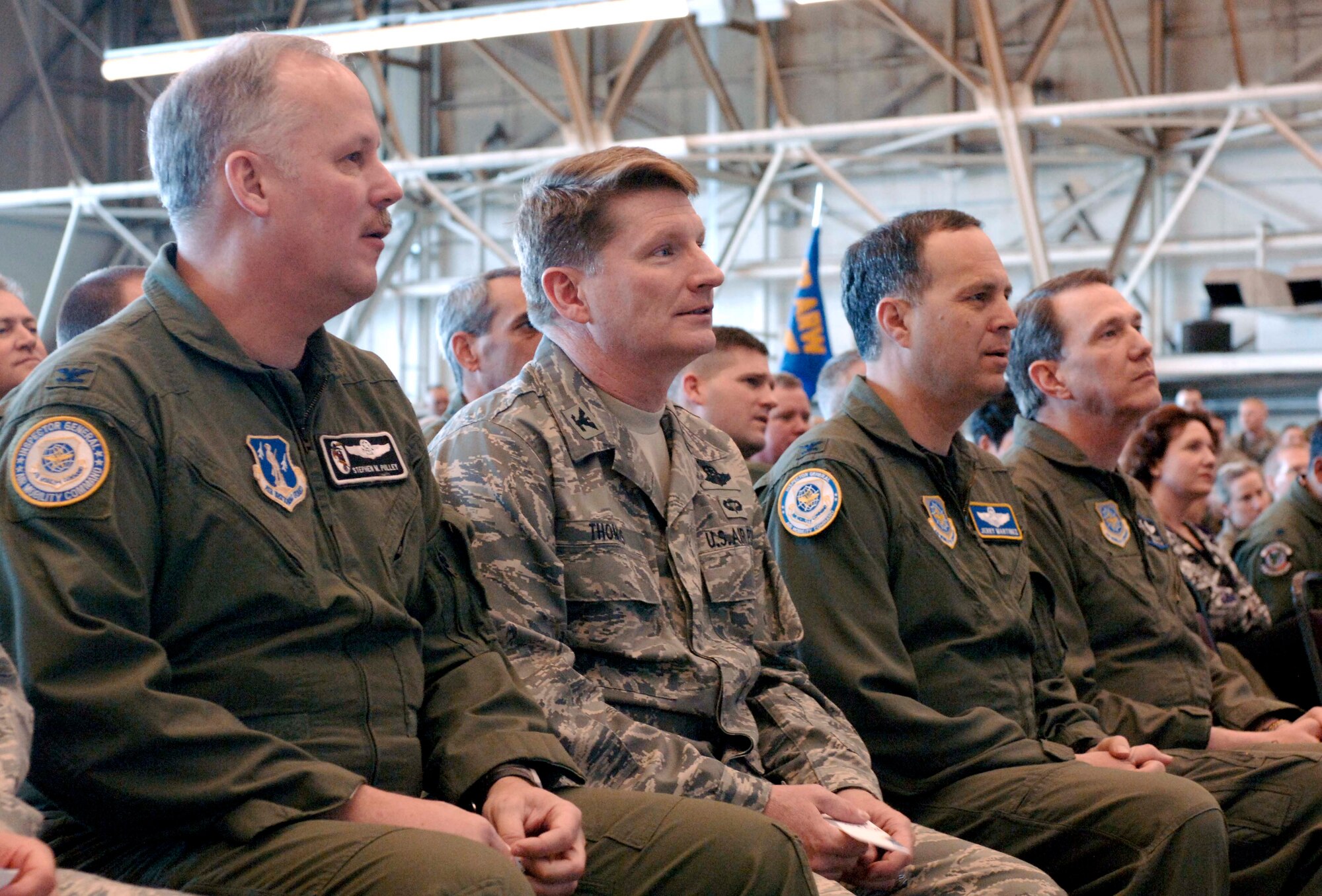 Fairchild Leadership awaits the outcome of the Operational Readiness Inspection and Nuclear Operational Readiness Inspection during the out brief April 9. An ORI is conducted to evaluate and measure the ability of units with a wartime, contingency or force sustainment mission to perform operations plan and assigned tasks. The inspections evaluate the transition from a peacetime posture to a wartime posture and the ability of a unit to meet wartime taskings. In an ORI there are four major graded areas: Initial Response, Employment, Mission Support and Ability-to-Survive and Operate. Overall, the 92nd and 141st Air Refueling Wing both received satisfactory in the ORI and an excellent for Nuclear Operational Readiness Inspection. Regardless of the designation, all the hard work and dedication it took to get through the inspection has not gone unnoticed. (U.S. Air Force photo / Airman 1st Class Darlene West)

