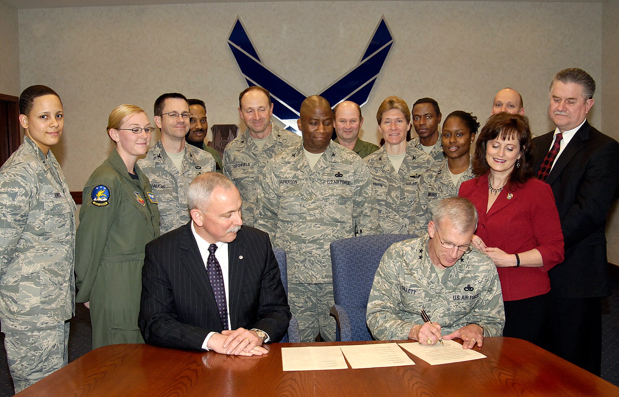 Maj. Gen. P. David Gillett Jr., Oklahoma City Air Logistics Center commander, and Mr. John Over, OC-ALC executive director, were the first of several base leaders who gathered to sign a Sexual Assault Awareness Month proclamation April 8 showing Tinker’s commitment to ending sexual assault through education, training and providing help to victims of the crime. “The problem won’t go away if we ignore it,” said the commander, who gave statistics, showing that Oklahoma ranks sixth in the nation for reported rapes and in the Air Force, 607 cases of sexual assault were reported last year. Other signers included commanders from the Navy, the 507th Air Refueling Wing, 552nd Air Control Wing and the 72nd Air Base Wing. Victim advocates and others attended the signing held in the Anaconda Room of Bldg. 3001. (Air Force photo/Margo Wright) 