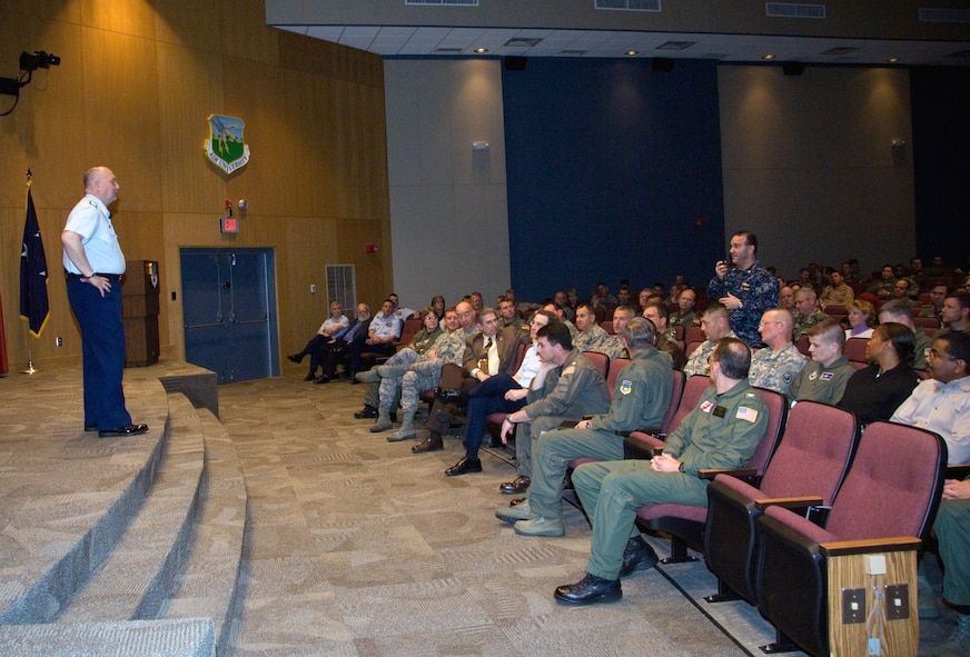 Adm. Thad Allen, U.S. Coast Guard commandant, addresses Air War College students April 9 about homeland security. The admiral's address was part of the Distinguished Lecture Series that Air War College provides its students in order to educate them on leadership. Under the program, leaders from across a wide range of disciplines, including diplomats and scholars, speak on a regular basis to Air War College students. (U.S. Air Force photo/Melanie Rodgers Cox)