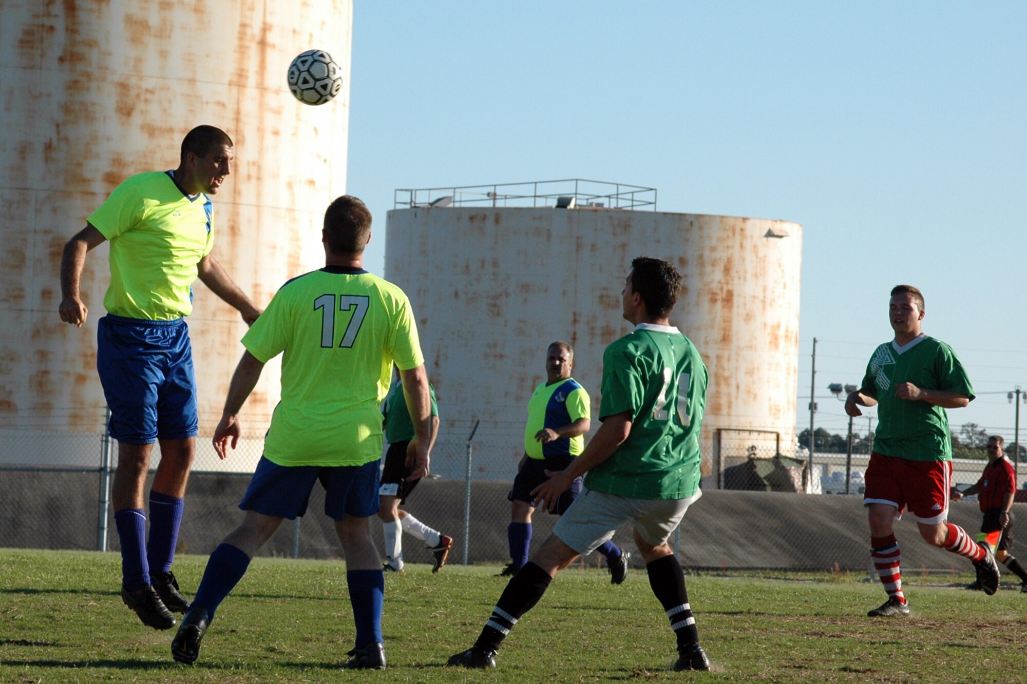 EGLIN AIR FORCE BASE, Fla. -- A player from the 53rd Wing soccer team head butts the ball after a goal-kick. The 53rd  and the 46th Test Wing earned the right to proceed to the 2009 Intramural Soccer Season championship game April 14, after both teams came out victorious in the season's playoff games. (U.S. Air Force photo/ Airman Anthony Jennings)