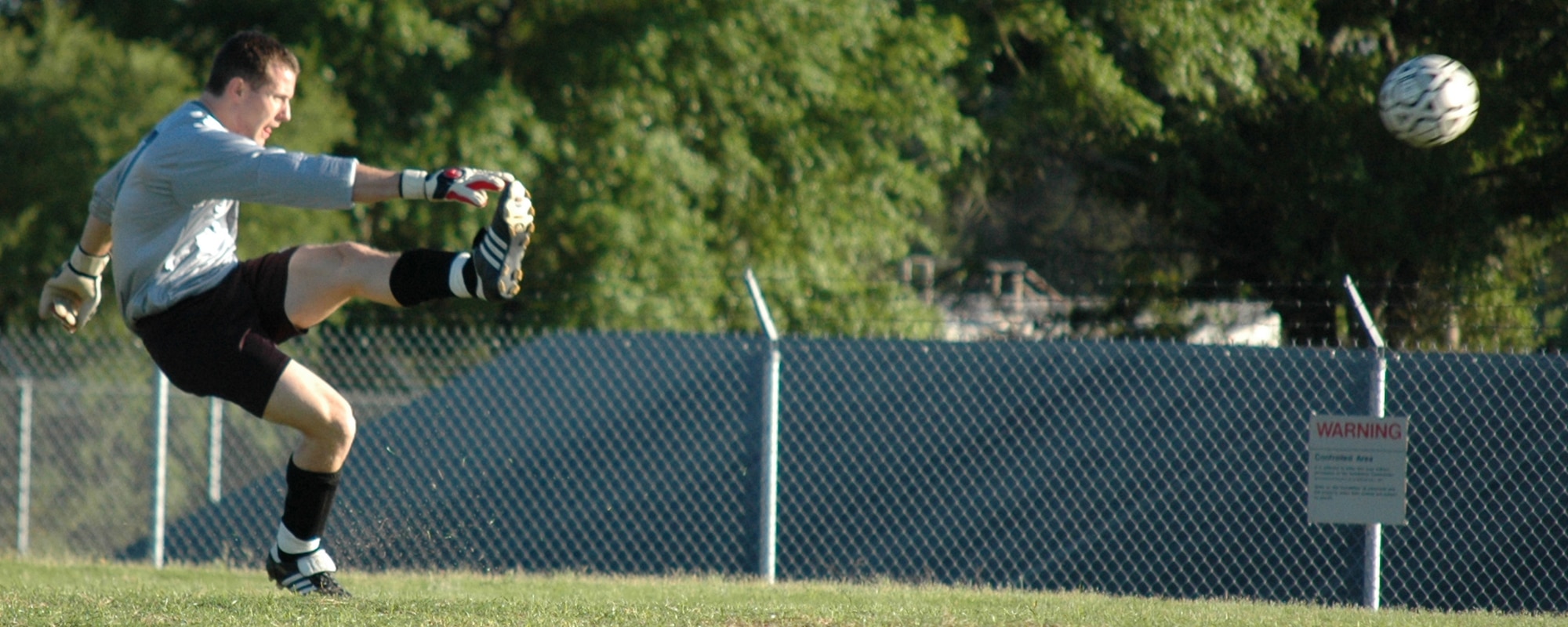 EGLIN AIR FORCE BASE, Fla. -- The 53rd Wing goalie kicks the ball after it went out of bounds. The 53rd and the 46th Test Wing earned the right to proceed to the 2009 Intramural Soccer Season championship game April 14, after both teams came out victorious in the season's playoff games. (U.S. Air Force photo/ Airman Anthony Jennings)