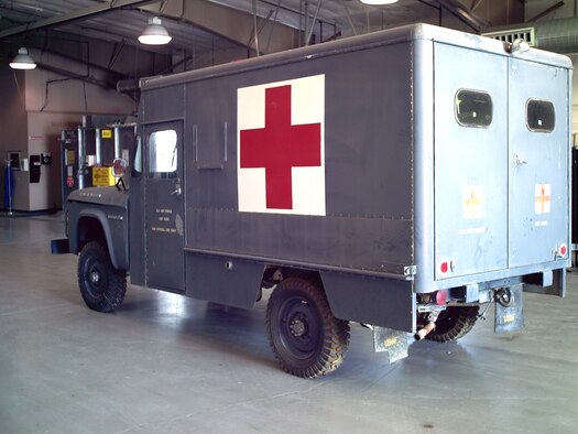 A 1963 Dodge Power-Wagon response ambulance is parked in the 341st Logistics Readiness Squadron allied trades shop Sept., 2008. The allied trades shop repainted the ambulance "Strato Blue" and the vehicle was placed back on display at the Malmstrom Museum April 10. (Courtesy photo)