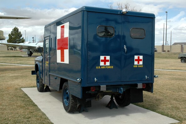 A 1963 Dodge Power-Wagon response ambulance is once again on display at the Malmstrom Museum after the 341st Logistics Readiness Squadron allied trades shop moved it back into position April 10, following more than 160 man hours of disassembly, sanding and painting. (U.S. Air Force photo/Senior Airman Dillon White)