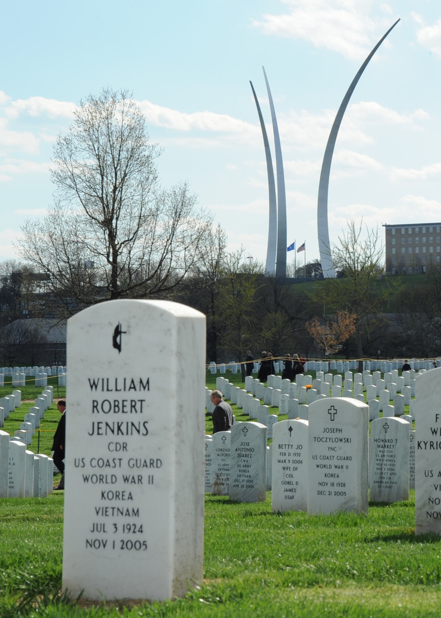 ARLINGTON NATIONAL CEMETERY, Va. -- As people leave the interment ceremony held in honor of Col. Michael Krueger, former 22nd Air Refueling Wing vice commander, they are able to view the U. S. Air Force Memorial located on a promontory in Arlington, Va., adjacent to Arlington National Cemetery, April 9. The memorial honors Air Force members that have sacrificed their life for their service to the United States of America. (Photo by Airman 1st Class Maria Ruiz)