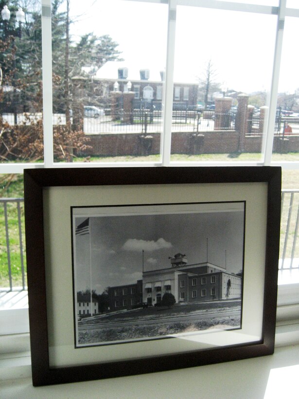 A picture of the original building which hosted Strategic Air Command provisional headquarters at Bolling AFB, rests on the window ledge in the Air Force Global Strike Command (P) headquarters. SAC originaly stood up here March 21, 1946, and is the lineage for the provisional command.