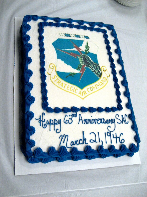 A cake with the Strategic Air Command emblem was the centerpiece of ceremonial birthday celebration for SAC hosted here March 31 by Airmen assigned to Air Force Global Strike Command (P). SAC originaly stood up March 21, 1946, at Bolling AFB and is the lineage for the provisional command.