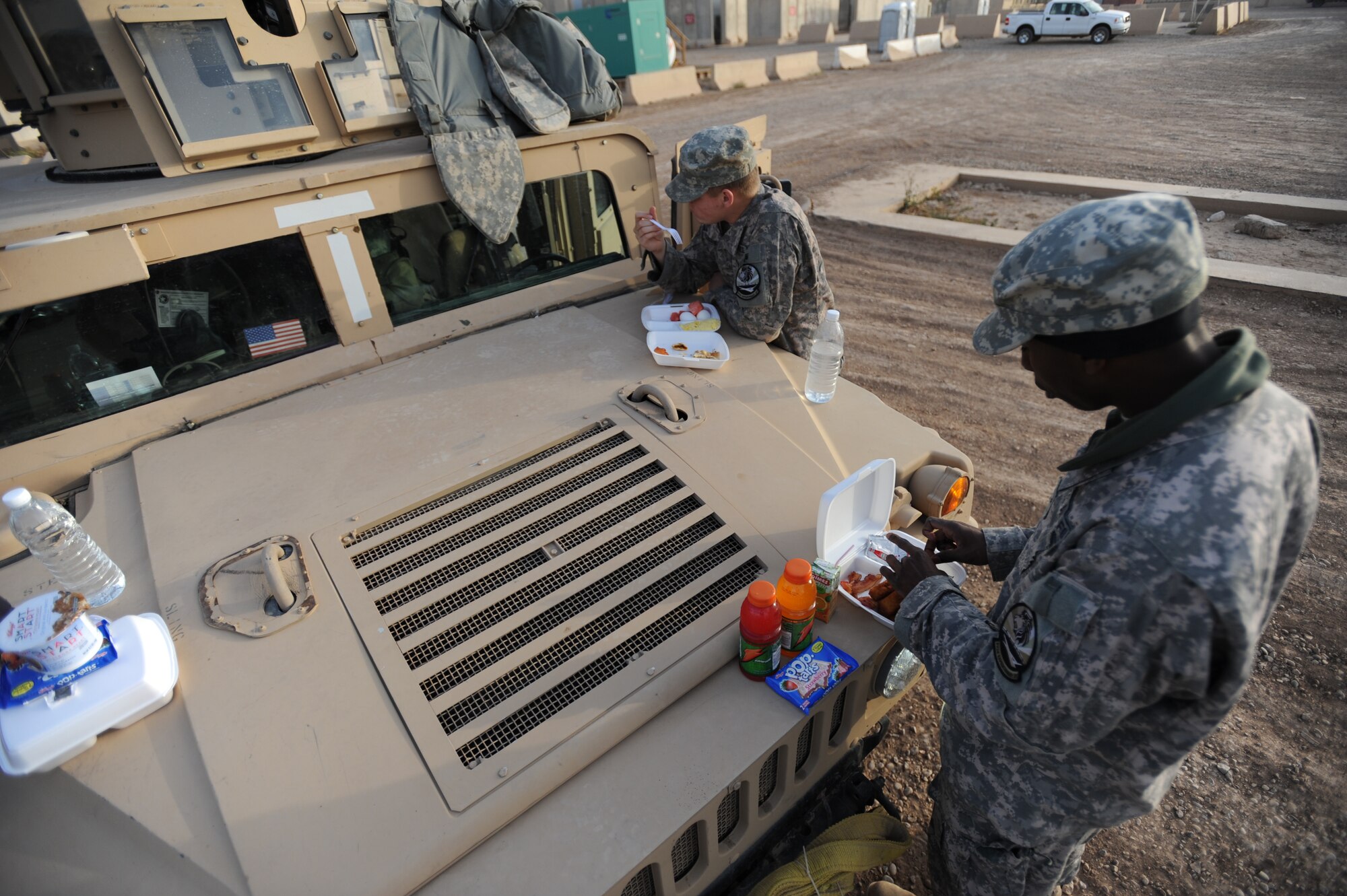 U.S. Air Force members of the 532nd Expeditionary Security Forces Squadron, eat breakfast at Joint Base Balad, Iraq, prior to departing for a mission  April 9, 2009, in support of Operation Iraqi Freedom.  (U.S. Air Force photo by Staff Sgt. James L. Harper Jr.)