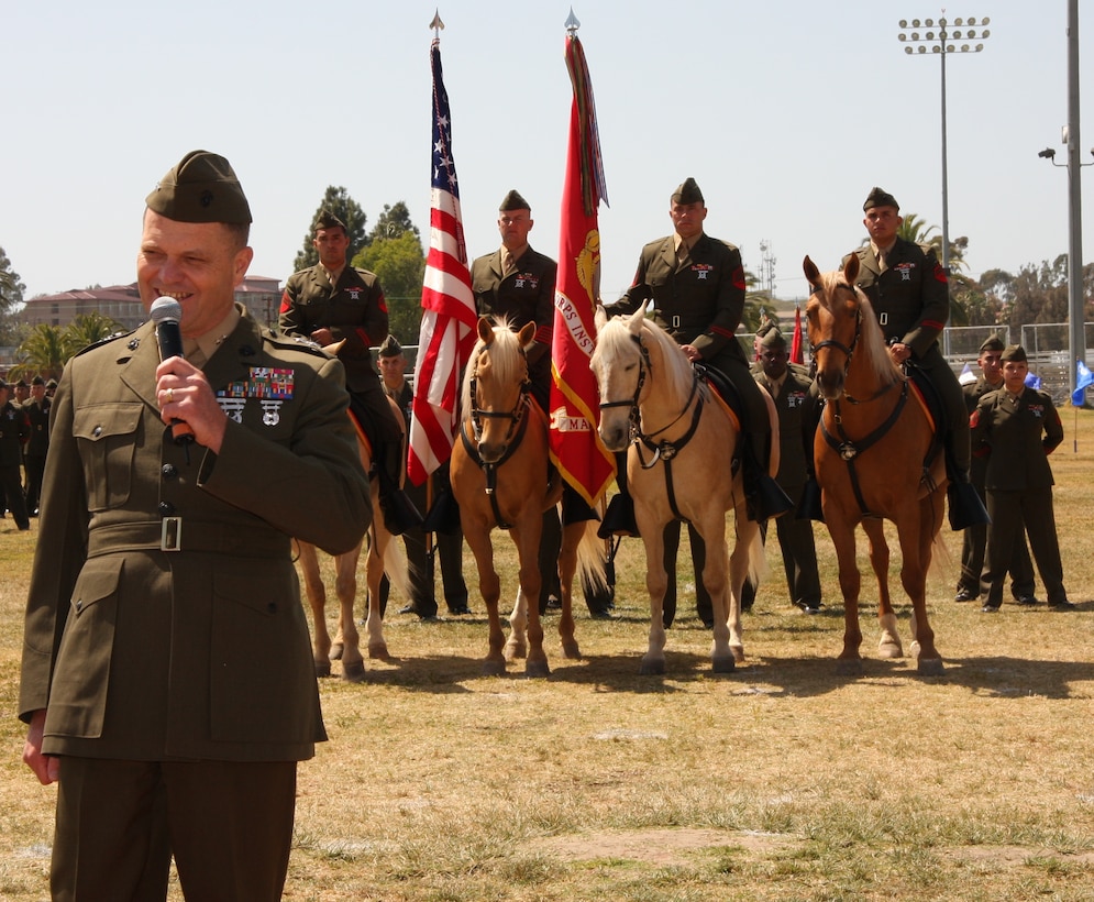 Major Gen. Michael R. Lehnert, commanding officer, Marine Corps Installations West, speaks at MCIWEST's sergeant major appointment and releif ceremony April 16. Sergeant Maj. Jeffery H. Dixon, assumed the former Sgt. Maj. Barbara J. Titus' position as MCIWEST's sergeant major.