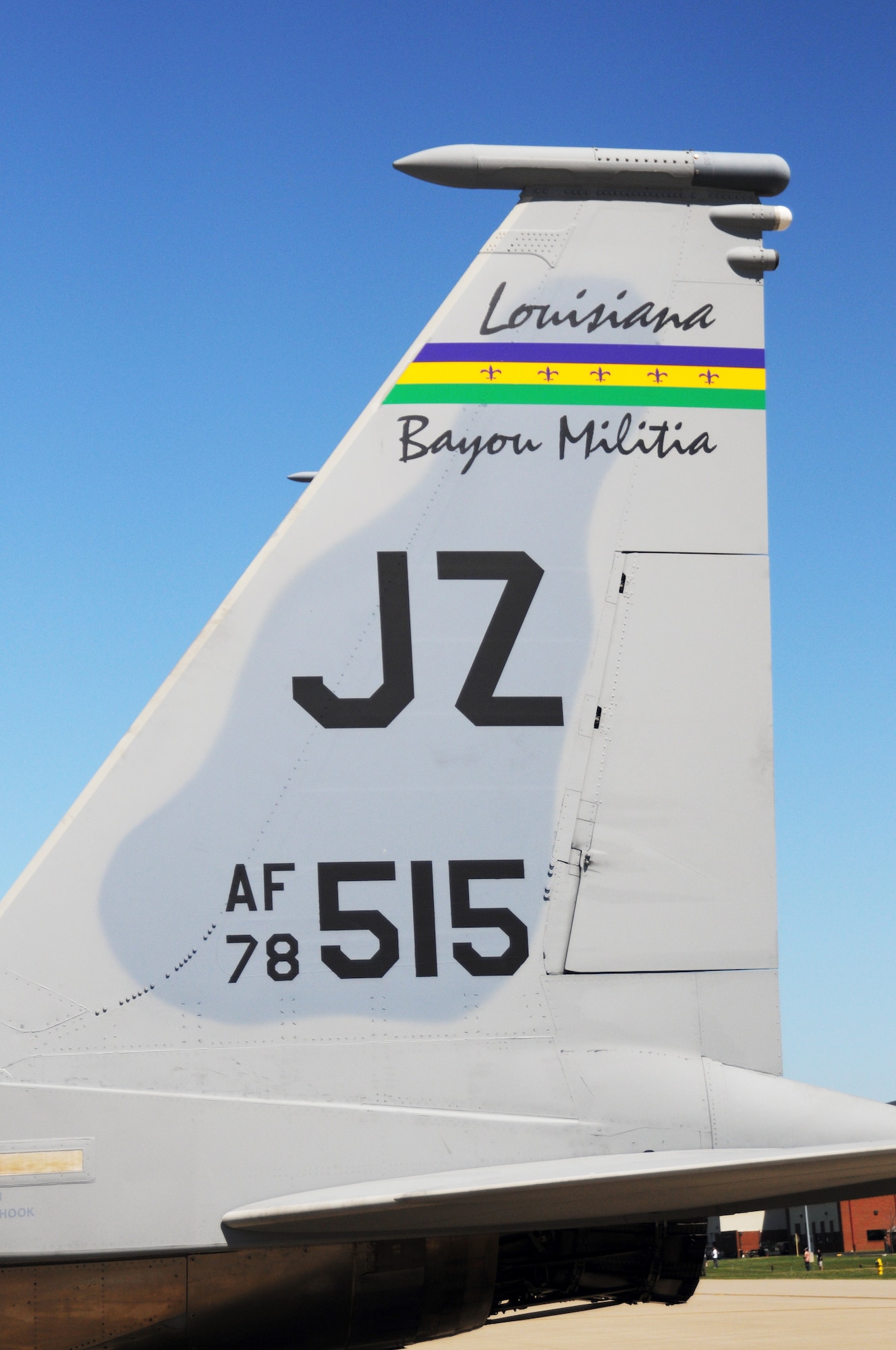 The tail art on this F-15 Eagle advertises it Louisiana Air National Guard hertiage.  Four of the unit's F-15s will be flying in the Thunder Over Louisville air show on Saturday, April 18. (USAF photo by Tech. Sgt. Phil Speck.)  