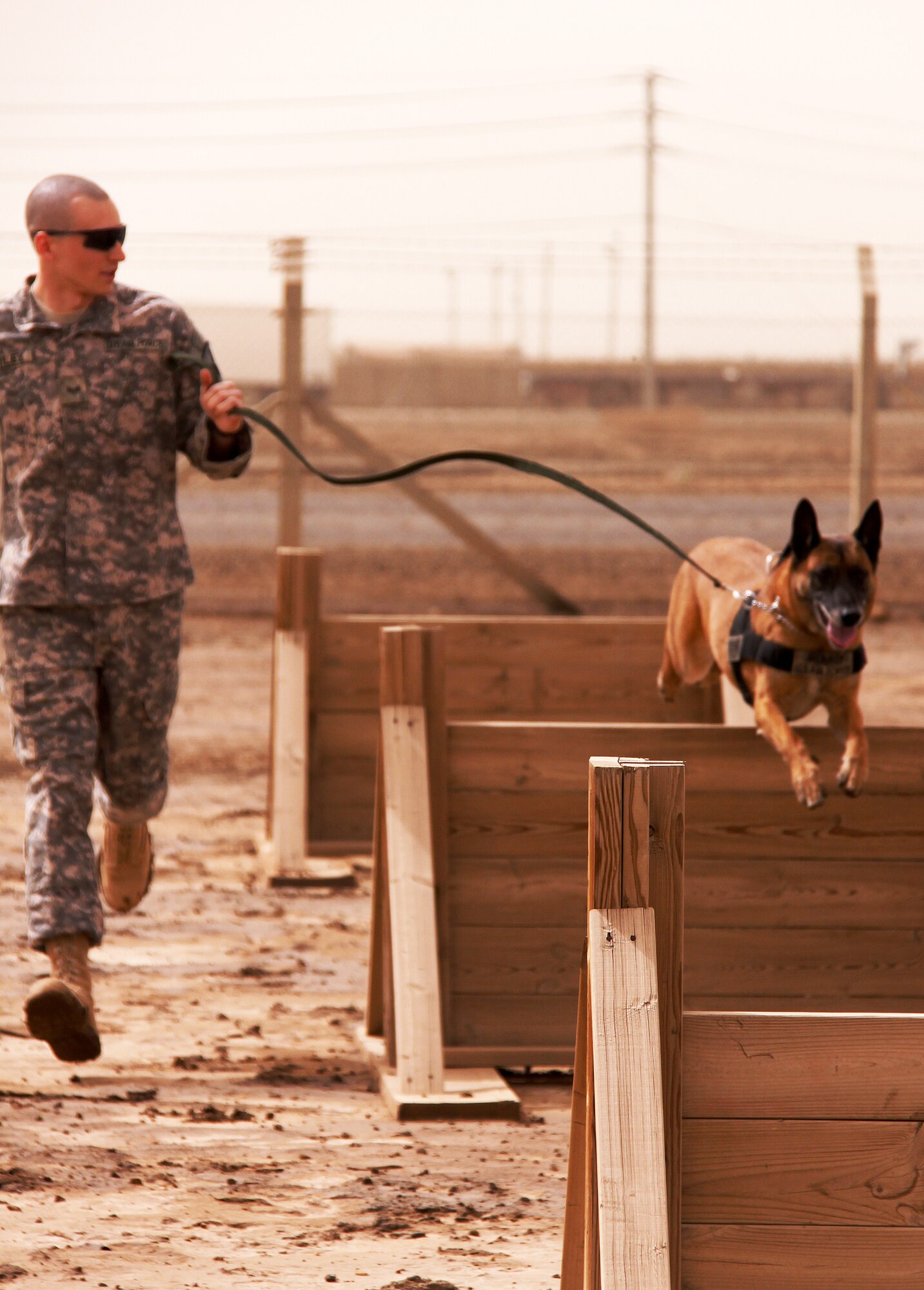 Senior Airman William Bailey, a military working dog handler attached to the Army's 1st Cavalry Division, keeps Robby, an explosives detector dog, fit by running with him through an obstacle course at Camp Taji, Iraq. A native of Richmond, Va., Airmen Bailey is deployed from Seymour Johnson Air Force Base, N.C. (U.S. Air Force photo/Tech. Sgt. Lionel Castellano)  
