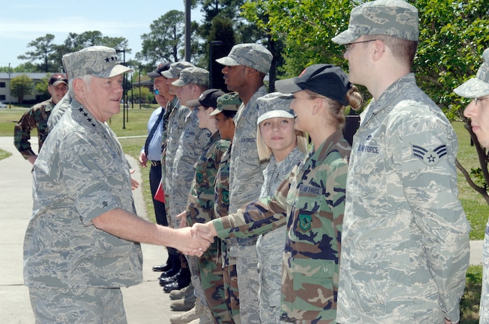 Gen. Arthur Lichte greets Airmen upon his arrival at the Airmen's dormitory during his visit here April 16. General Lichte stopped at Charleston AFB for a morale visit on his way to Columbia, S.C., to attend the Doolittle Raiders Reunion. General Lichte is the commander of Air Mobility Command, Scott AFB, Ill. (U.S. Air Force photo/Staff Sgt. Marie Cassetty)