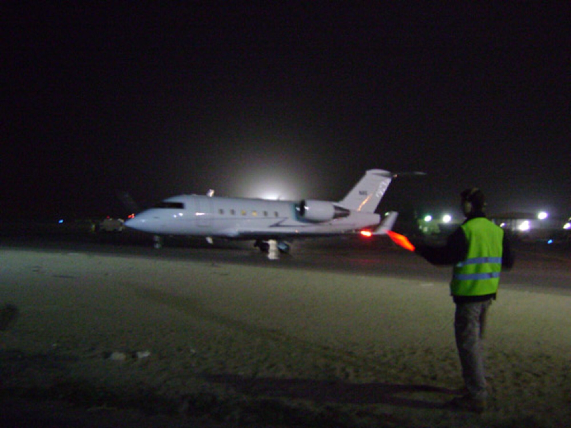 A Challenger 601 aircraft is shown parked on the ramp at Ali Al Salem Air Base.  The 507th Air Refueling Wing's 1st Aviations Standards Flight recently returned from the AOR where they performed instrument landing systems calibration flights for a variety of airfields in theater.