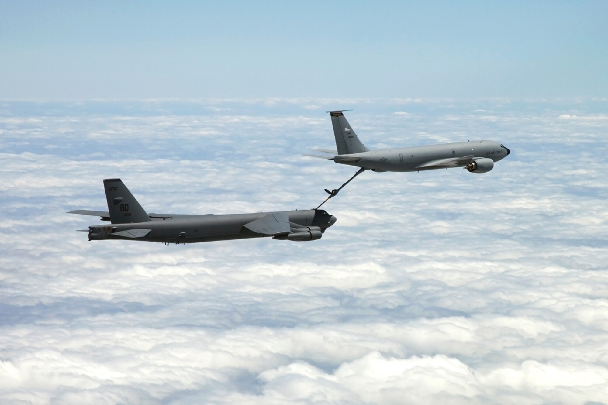 A B-52 Stratofortress deploys its drag chute while landing at Barksdale Air Force Base, La., after a training mission April 16, 2009.  This B-52 is one of eight long-range, subsonic, jet-powered, strategic bombers belonging to the 917th Wing at Barksdale. (Courtesy photo by Kevin Jackson) 