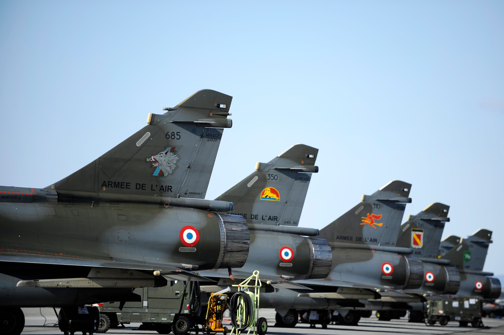 Five Dassault M2000 Mirage aircraft, Armee de l'Air (French Air Force) sit on the tarmac in preparation for RED FLAG-Alaska 09-2, April 16, 2009, Eielson Air Force Base Alaska. RF-A is a Pacific Air Forces-directed field training exercise for U.S. and coalition forces flown under simulated air-combat conditions. It is conducted on the Pacific Alaska Range Complex with air operations flown out of Eielson and Elmendorf Air Force Bases.  (U.S. Air Force photo/Senior Airman Jonathan Snyder)